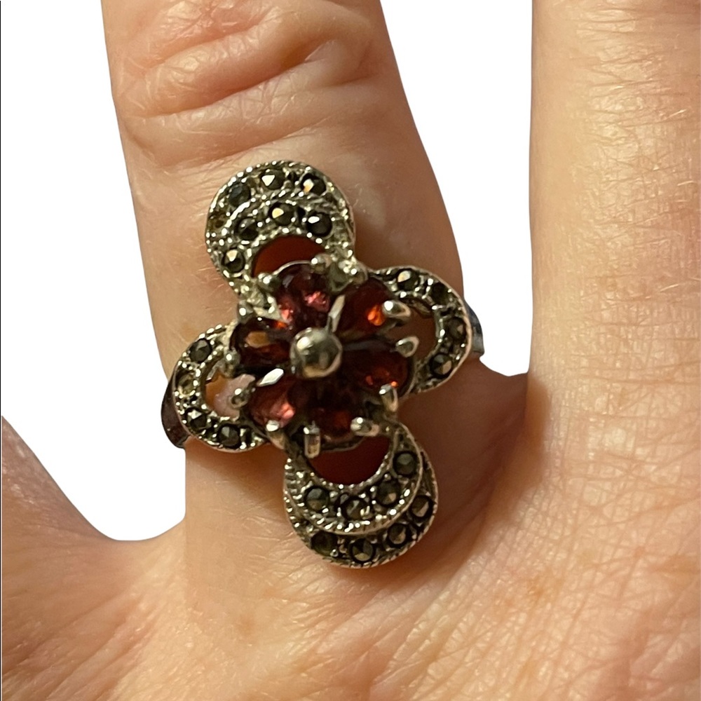 Vintage sterling silver garnet marcasite 925 fancy oblong ring - Picture 5 of 10